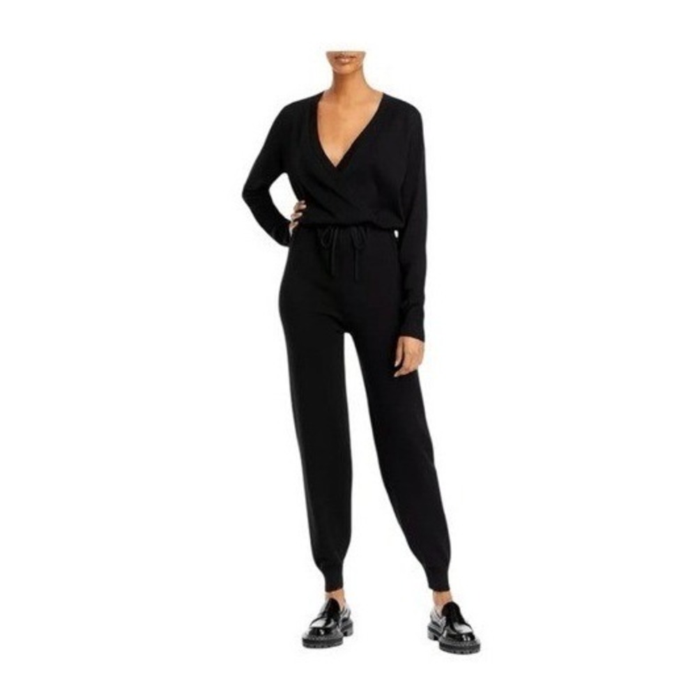 Aqua Bloomingdale's Faux Wrap Jumpsuit Black Knit  V-Neck Long Sleeve Jogger Hem